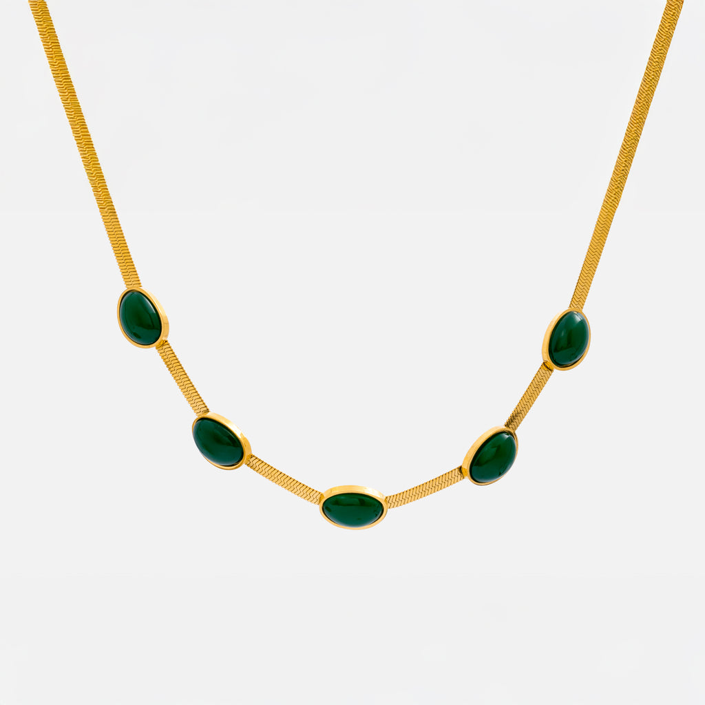 Waterproof gold necklace with green stones